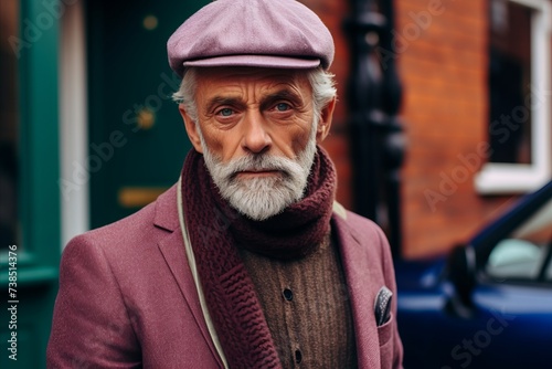 Portrait of an elderly man in a hat and coat on the street.