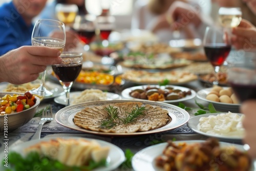 Festive Jewish Passover Dinner Table with Matzah and Wine