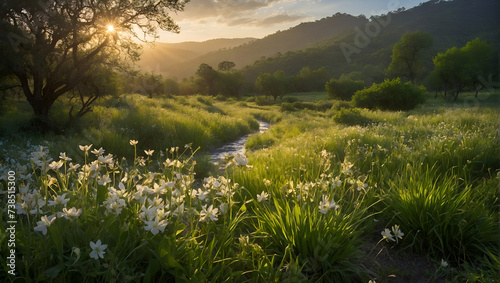 Spring Day Serenity: Captivating Nature Landscape with Trees and Sunrise
