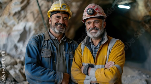 Two engineers stand and smile looking at the camera. In the mining caves of Porto Flavia