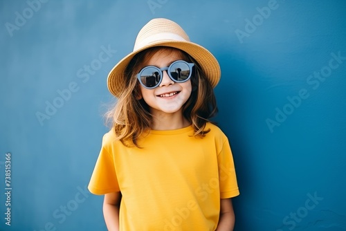 Portrait of a cute little girl in sunglasses and hat on blue background