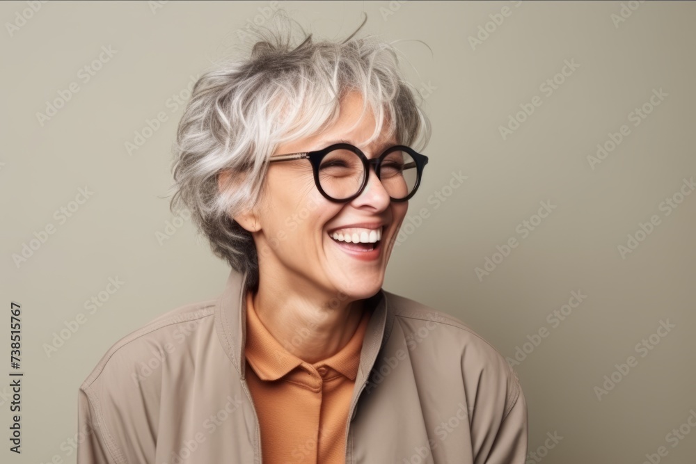 Portrait of a happy senior woman with eyeglasses over grey background Portrait of a happy senior woman with eyeglasses over grey background