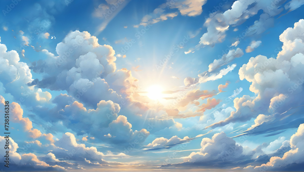 Blue sky with clouds. Anime style background with shining sun and white ...