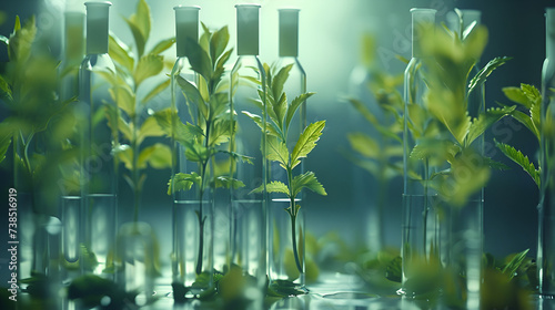 Biotechnology concept with green plant leaves  laboratory glassware  and conducting research  illustrating the powerful combination of nature and science in medical advancements  generative Ai