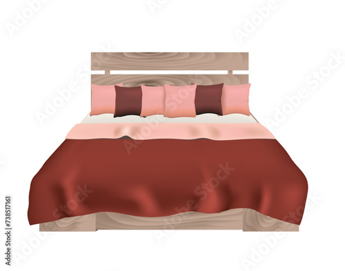 Wooden king size bed with pillows and bed cover, vector