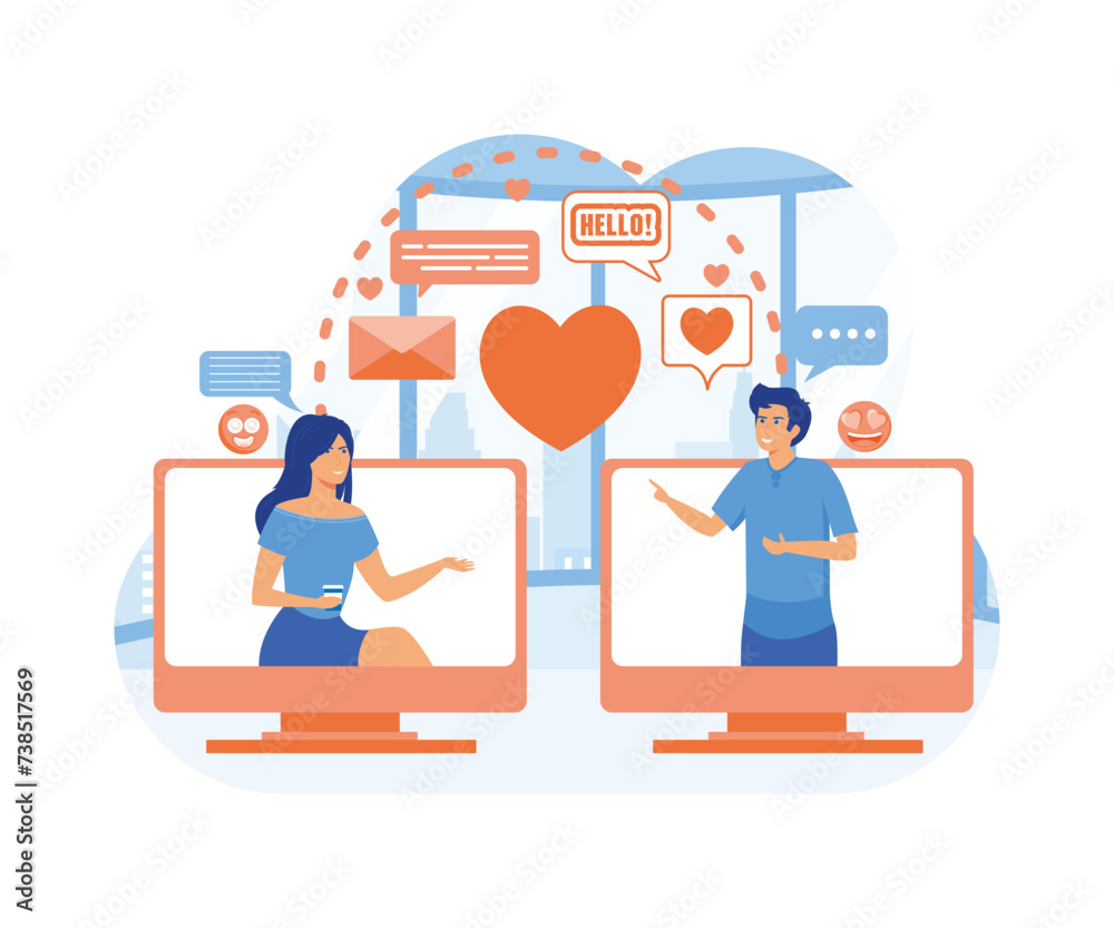 Virtual relationships online dating cartoon composition with computer screens and couple having date with messaging.  flat vector modern illustration 