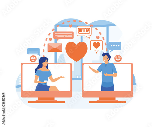 Virtual relationships online dating cartoon composition with computer screens and couple having date with messaging.  flat vector modern illustration 