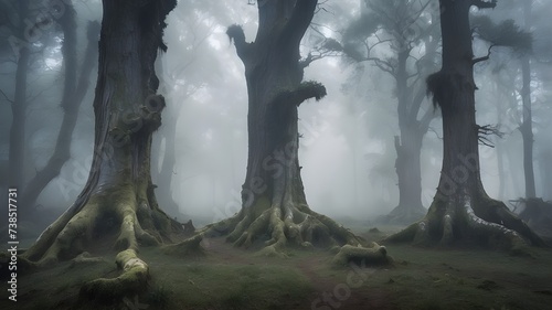 Mist swirling through ancient trees in a mystical forest grove