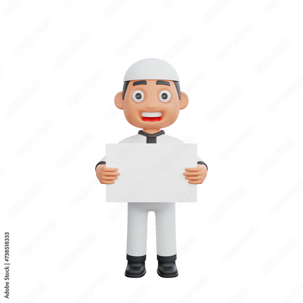 3D illustration of a cute Muslim boy holding a blank board sign 3D illustration of a cute Muslim boy holding a blank board sign