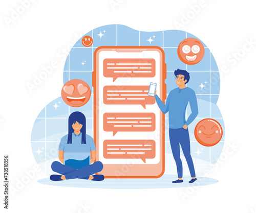   Dating app and virtual relationship. Woman is sitting at her laptop and chatting with handsome man with huge phone. flat vector modern illustration 