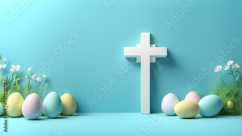 3D Christian cross symbol with grass flower and easter eggs isolated on blue background. Concept of religious banner for easter day and good Friday. photo