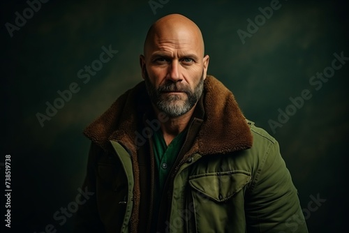 Portrait of an old man with a beard in a green jacket