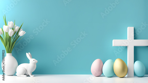 3D Christian cross symbol with bunny and easter eggs isolated on blue background. Concept of religious banner for easter day and good Friday.