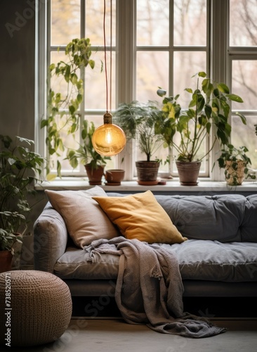 This photo shows a living room filled with numerous plants positioned next to a window. The various plants add a vibrant touch of greenery to the room, enhancing its atmosphere