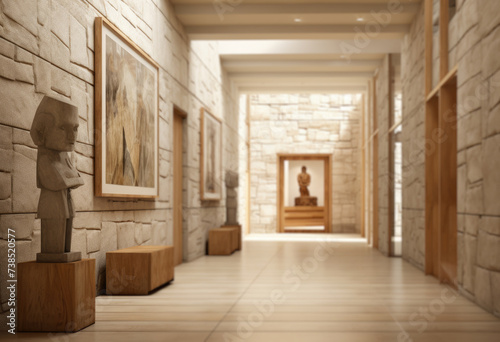 A long hallway is captured in the image, featuring stone walls adorned with various paintings. The hallway stretches into the distance, creating a sense of depth and grandeur.