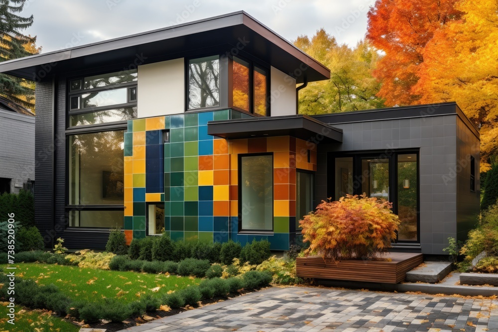 A modern house with a vibrant multicolored exterior standing out in the neighborhood. The unique color scheme adds a contemporary touch to the architecture, attracting attention from passersby
