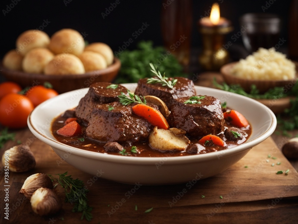 Beef bourguignon, traditional French dish cooked in a red wine sauce, small onions, button mushrooms and bacon lardons Beef bourguignon, traditional French dish cooked in a red wine sauce, small onions, button mushrooms and bacon lardons