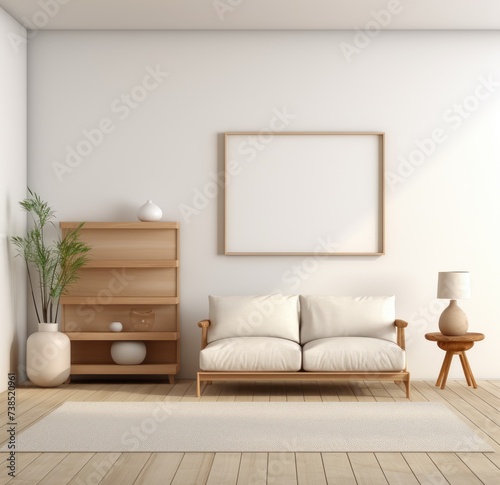 This image shows a modern living room with a white couch and a matching white rug. The minimalistic design features clean lines and a bright, airy atmosphere © pham