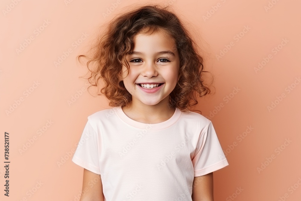 Portrait of a smiling little girl with curly hair over pink background Portrait of a smiling little girl with curly hair over pink background