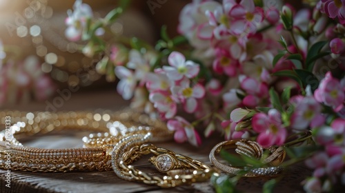 Groups of beautiful and elegant gold jewelry, bracelets, necklaces, expensive jewelry are placed on a classic wooden floor. Surrounded by flowers, there is light.