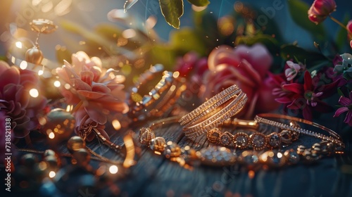 Groups of beautiful and elegant gold jewelry, bracelets, necklaces, expensive jewelry are placed on a classic wooden floor. Surrounded by flowers, there is light.