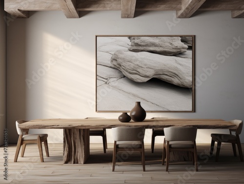 A simple dining room featuring a wooden table surrounded by chairs. The room is well-lit and neatly organized, creating a functional space for meals photo