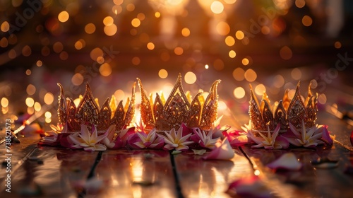 Traditional crowns used by Thai dance performers sit on a classic wooden floor. Surrounded by flowers, there is light