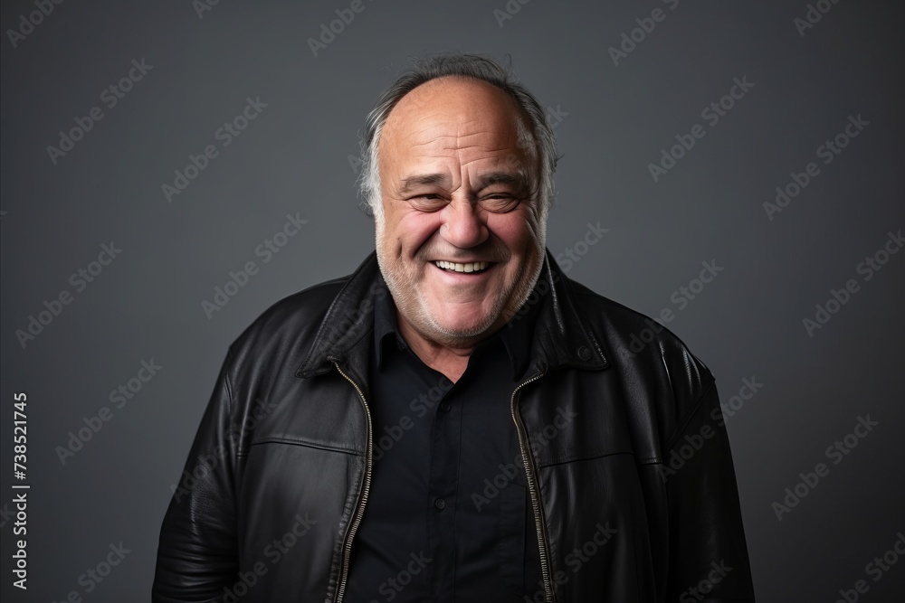 Portrait of a smiling senior man wearing a leather jacket on a grey background Portrait of a smiling senior man wearing a leather jacket on a grey background