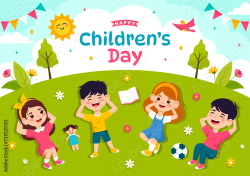 Happy Children's Day Vector Illustration with Kids Togetherness in Children Celebration Cartoon Bright Sky Blue Background and Green Field Design