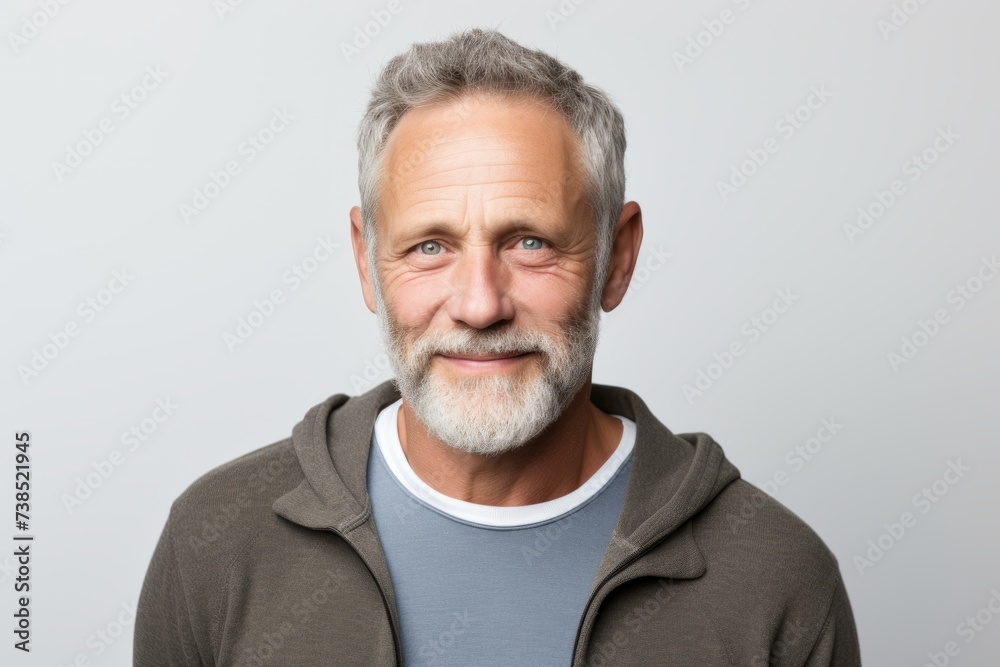 Portrait of handsome senior man with grey hair and beard looking at camera while standing against grey background Portrait of handsome senior man with grey hair and beard looking at camera while standing against grey background