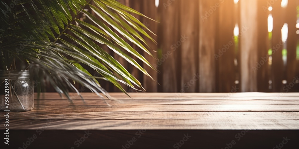 Sunlight shining through a window onto a wooden table with palm leaves Sunlight shining through a window onto a wooden table with palm leaves