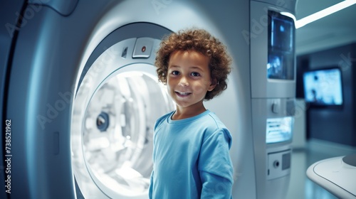 An interested child is behind the gantry of a CT or MRI machine and looks towards the camera photo
