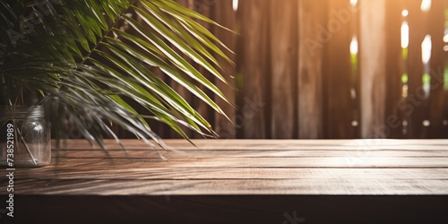 Sunlight shining through a window onto a wooden table with palm leaves