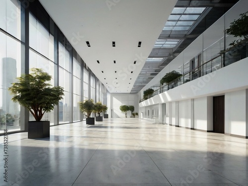 Large modern office room with attractive white color combination  daytime  sunlight  fresh area  some trees.