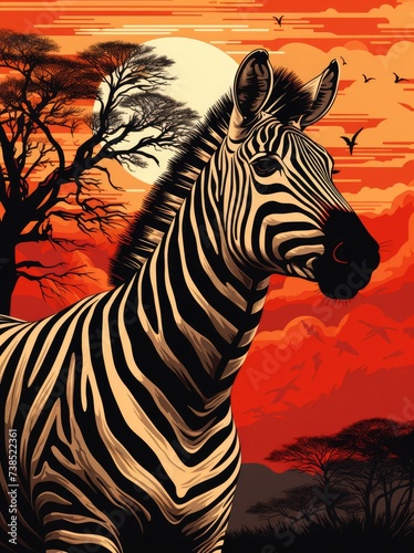 This painting depicts a zebra standing gracefully in front of a vibrant sunset. The zebras stripes contrast beautifully against the colorful sky in the background