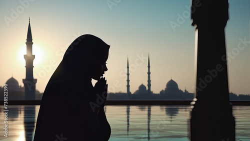 Silhouette of young muslim woman praying to the god in the mosque. Islamic ramadan event concept. photo