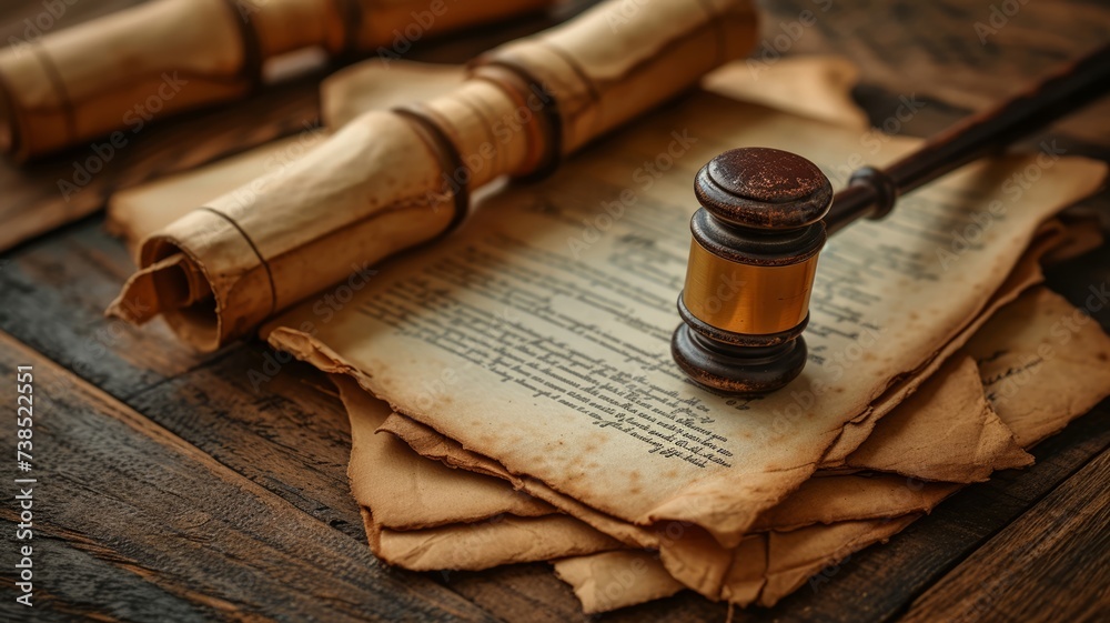Official papers with vintage seal and gavel on an oak surface
