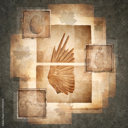 Bird wing rendered on old parchment surrounded by antique photographs of egg, skull and wing details against a background of multi-layered textures, scraps and fragments.
