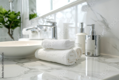 Close-up and low angle shot of elegant and beautiful amenity hotel set, sophisticated arranging on white marble counter in a luxury bathroom, leaving copy space by focusing on foreground.