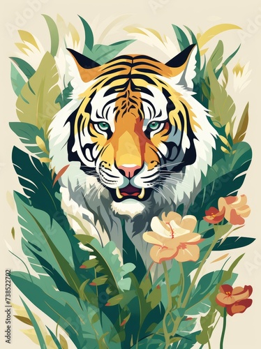 The photograph captures a tiger standing among a variety of colorful flowers. The tigers majestic presence contrasts with the delicate beauty of the blooming flowers, creating a striking composition