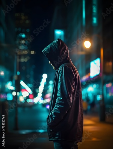 anonymous hacker in a hoodie navigating the digital city at night