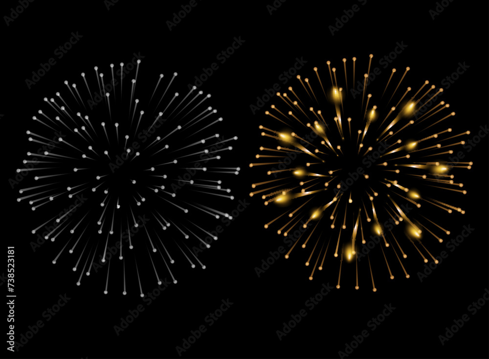 Pyrotechnics and fireworks set with animation on black background realistic isolated vector illustration