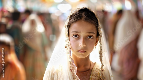 Amidst the joyous wedding hall atmosphere, a young girl in wedding attire walks with a heavy heart, her eyes fixed on the camera.
