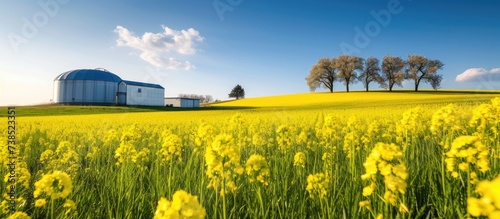 A biogas facility near a springtime field of yellow rapeseed. photo