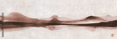 Chinese ink wash painting depicting tranquil mountains reflected in the still waters of a serene lake on vintage background. Oriental ink painting sumi-e, u-sin, go-hua. Hieroglyph - clarity