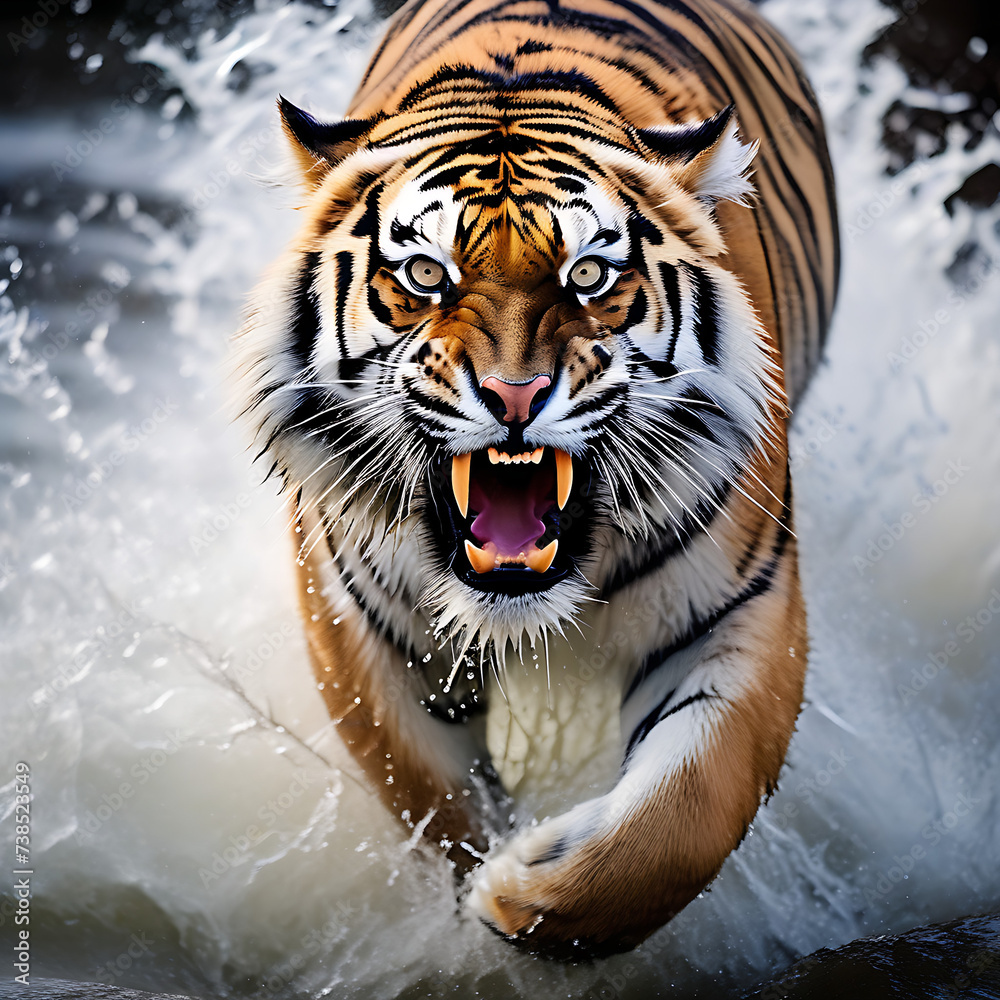 generate a vivid and intense image of an enraged tiger its powerful muscles tense fur bristling