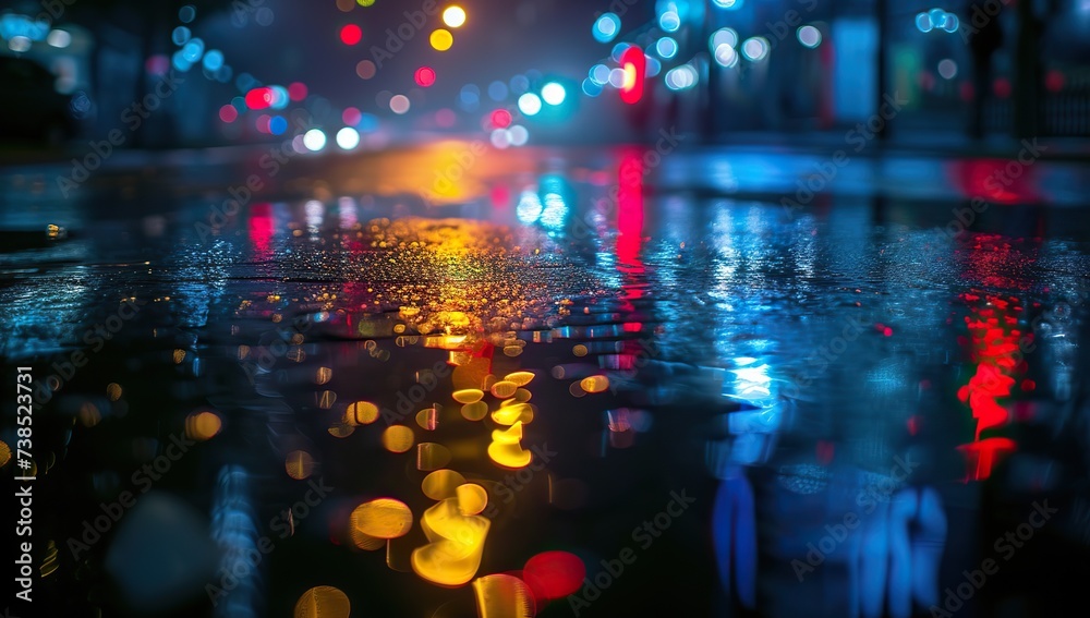 Reflection of city lights on a wet surface. The concept of a night city and rain.