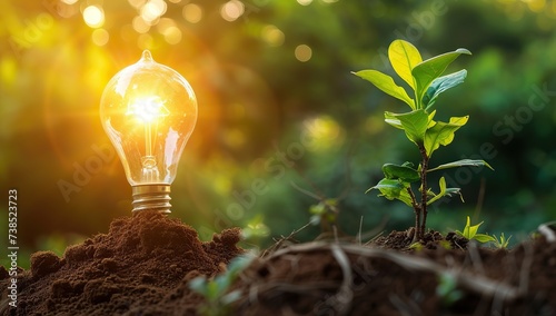 Light bulb with a sprouting plant in the soil. The concept of an idea and sustainable development.