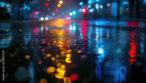 Reflection of city lights on a wet surface. The concept of a night city and rain.
