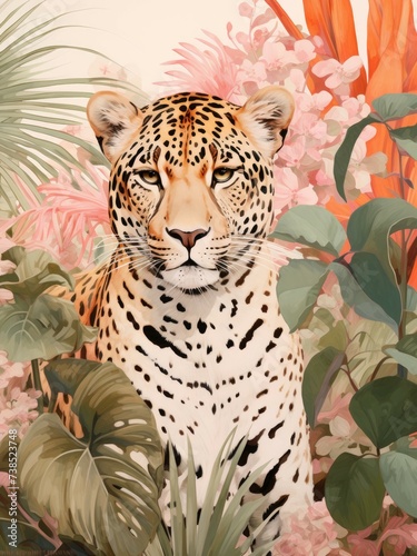 A realistic painting of a leopard in its natural habitat  surrounded by vibrant and colorful flowers. Showcasing its strength and beauty amidst the floral backdrop